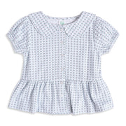 Baby Girls White And Blue Cotton Geometric Printed Peplum Top Regular Fit Casual Wear