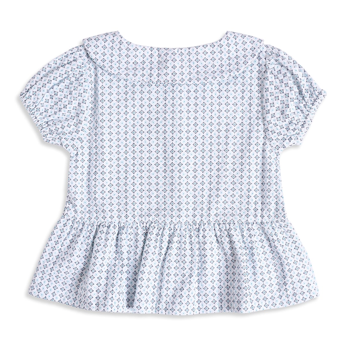 Baby Girls White And Blue Cotton Geometric Printed Peplum Top Regular Fit Casual Wear