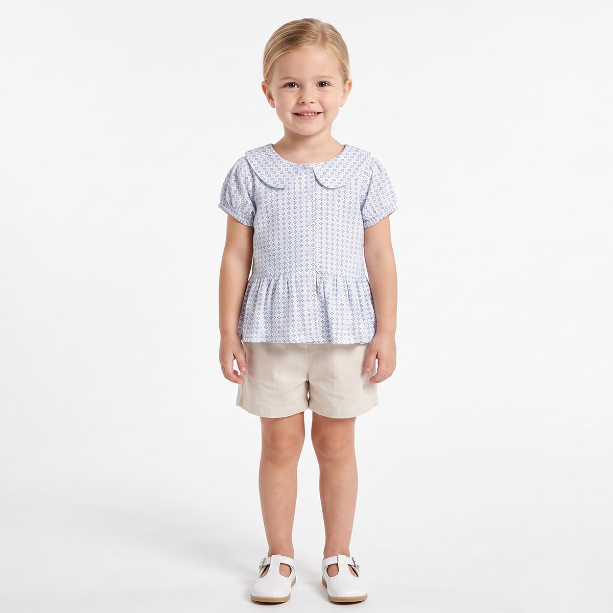 Baby Girls White And Blue Cotton Geometric Printed Peplum Top Regular Fit Casual Wear