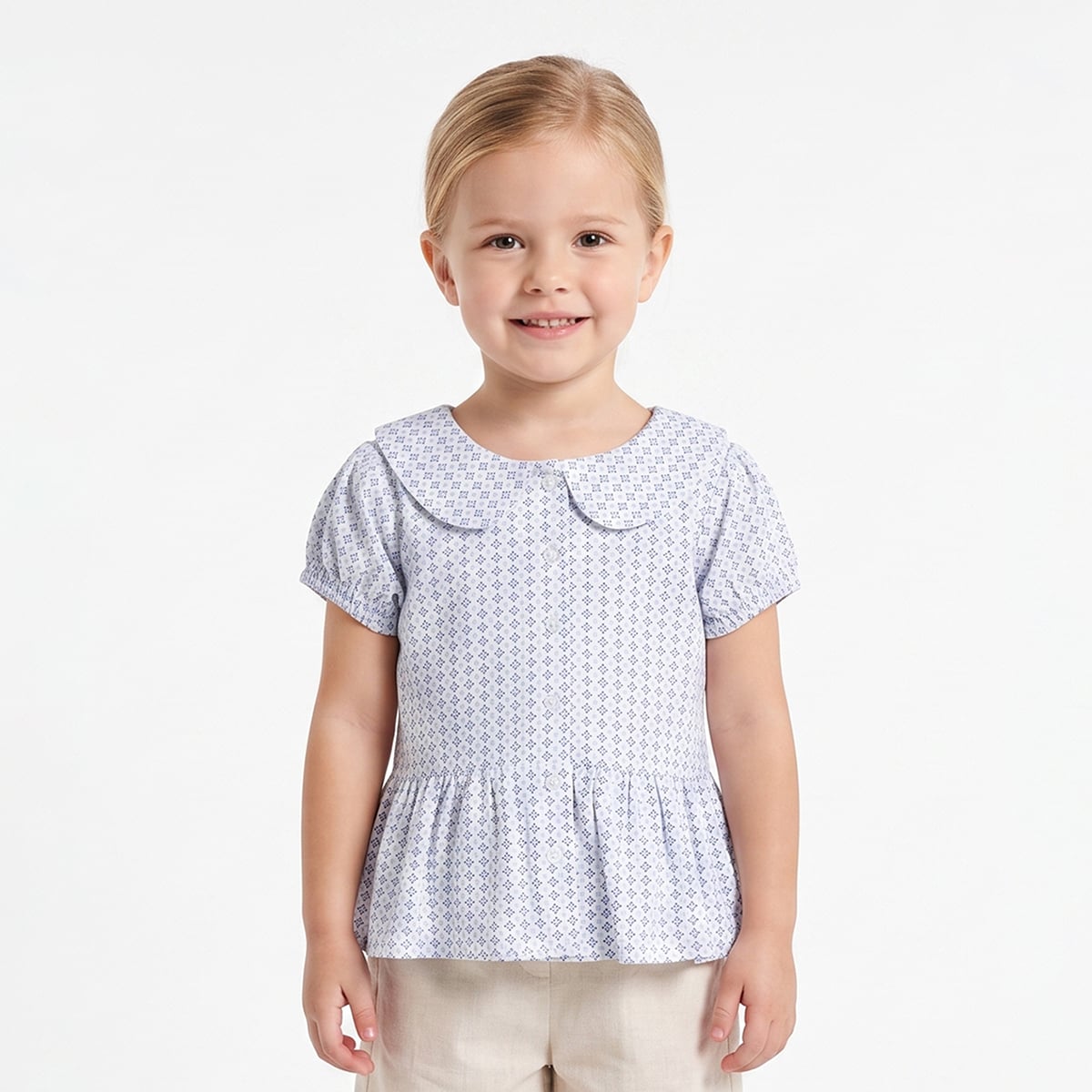 Baby Girls White And Blue Cotton Geometric Printed Peplum Top Regular Fit Casual Wear