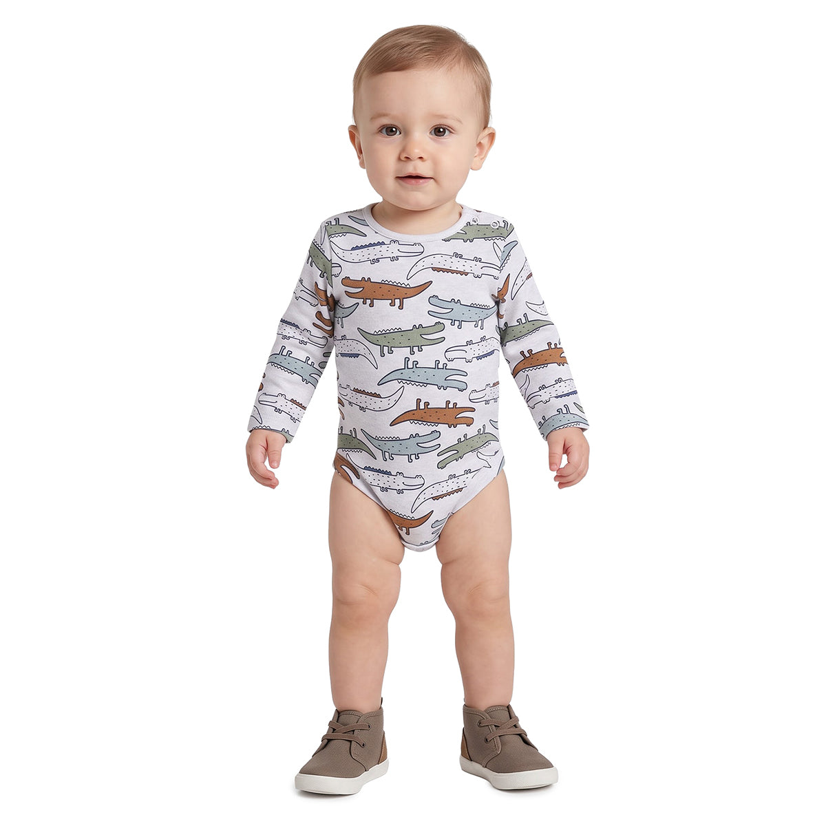 Baby Boys White Knit Crocodile Print Bodysuit Regular Fit Casual Wear