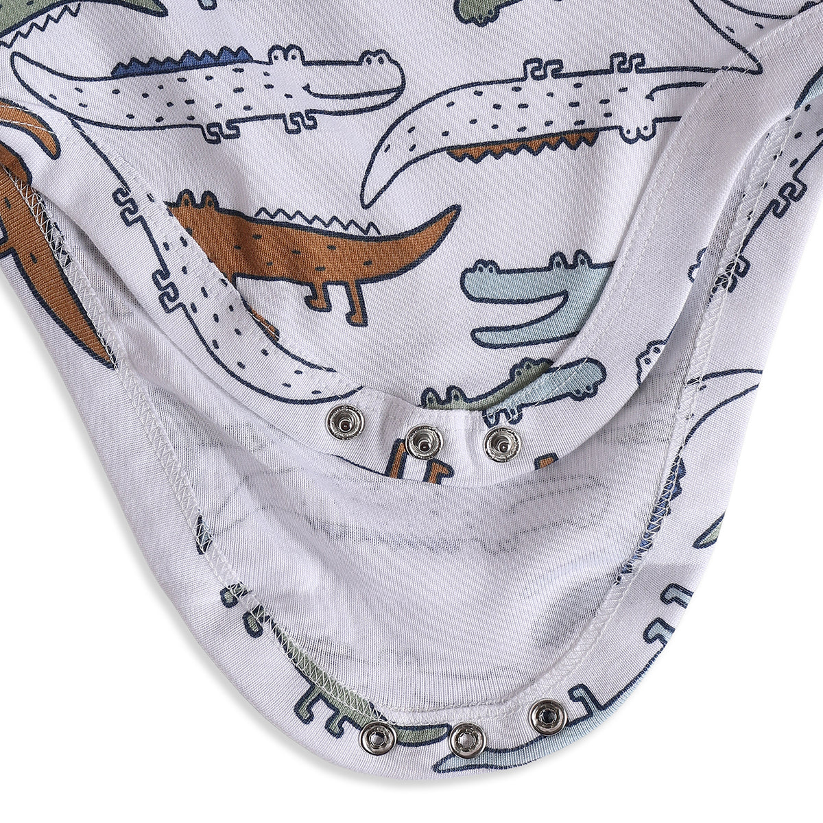 Baby Boys White Knit Crocodile Print Bodysuit Regular Fit Casual Wear