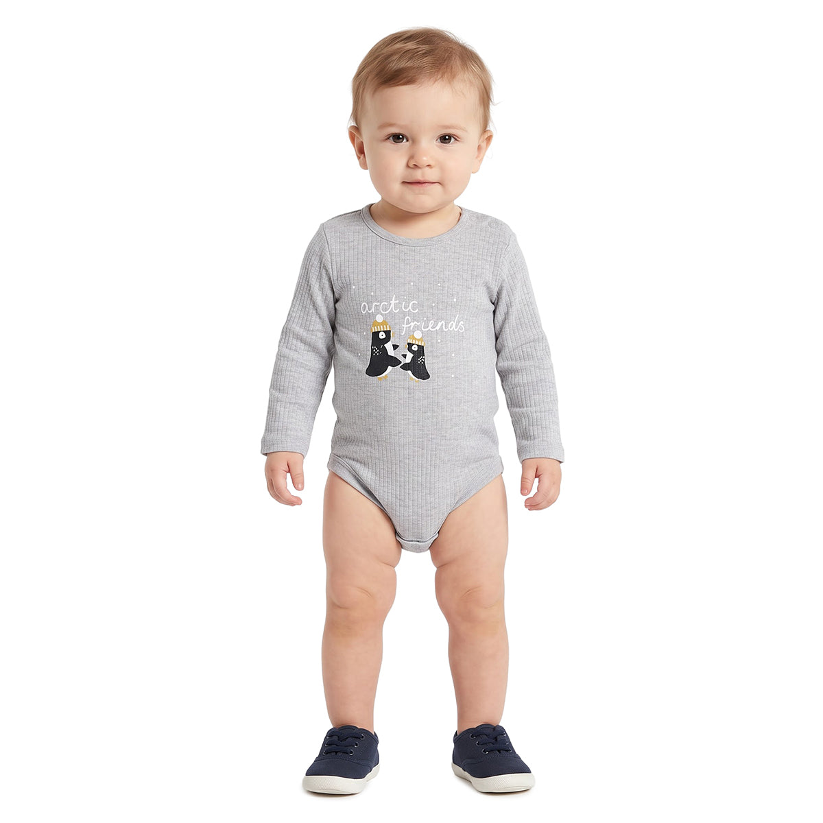 Baby Boys Grey Penguin Print Ribbed Bodysuit for Everyday Wear