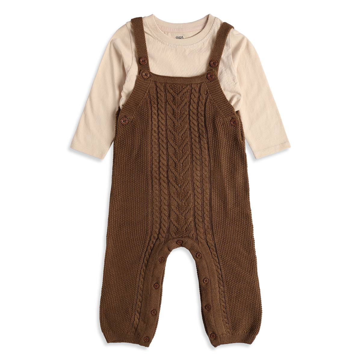 Baby Boys Brown Knit Dungaree with Cream Full Sleeve T-Shirt Casual Winter Outfit Set