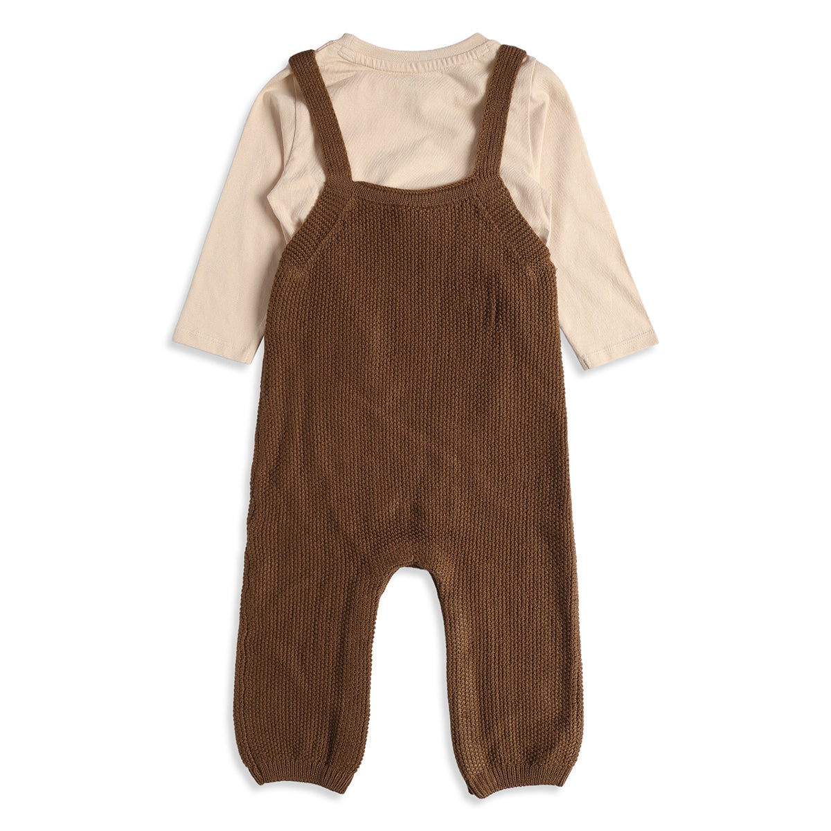 Baby Boys Brown Knit Dungaree with Cream Full Sleeve T-Shirt Casual Winter Outfit Set