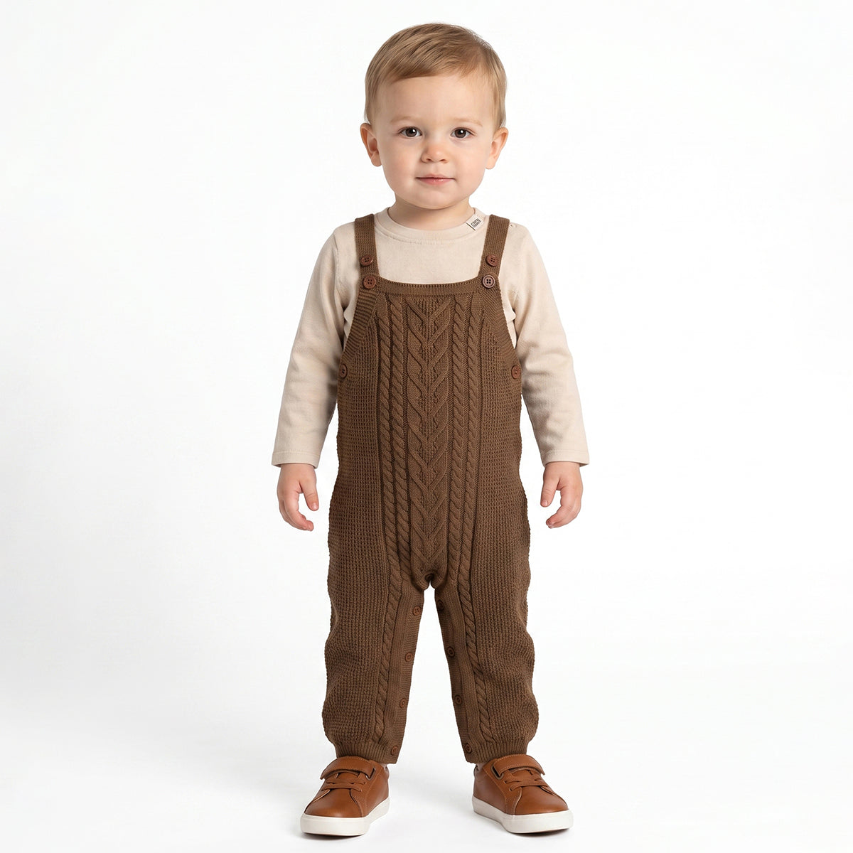 Baby Boys Brown Knit Dungaree with Cream Full Sleeve T-Shirt Casual Winter Outfit Set