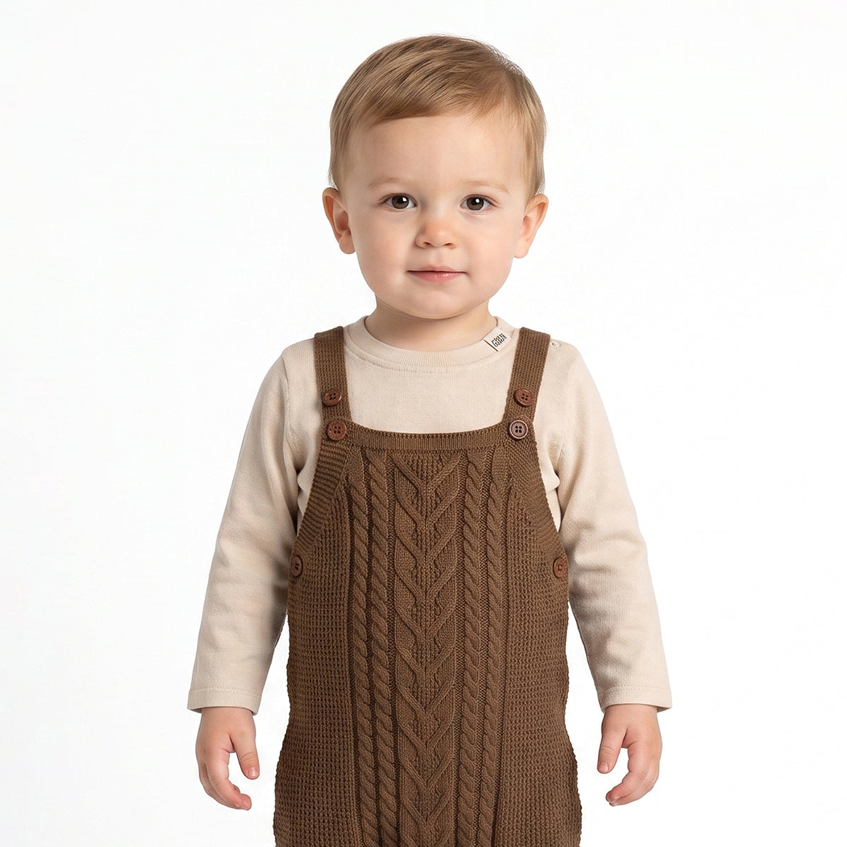 Baby Boys Brown Knit Dungaree with Cream Full Sleeve T-Shirt Casual Winter Outfit Set