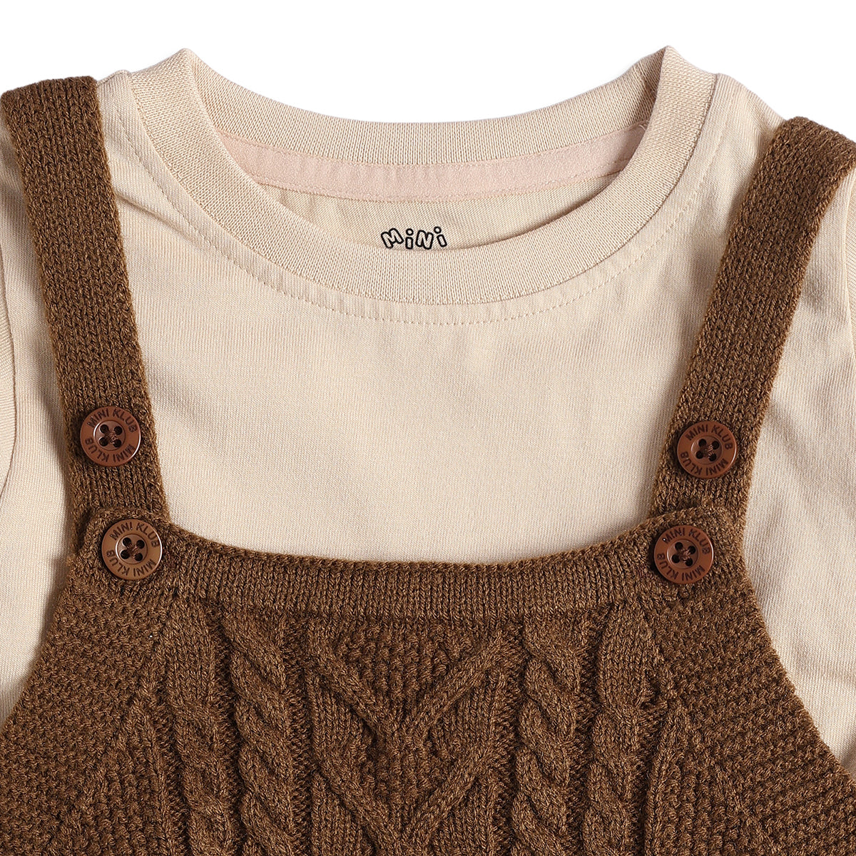 Baby Boys Brown Knit Dungaree with Cream Full Sleeve T-Shirt Casual Winter Outfit Set