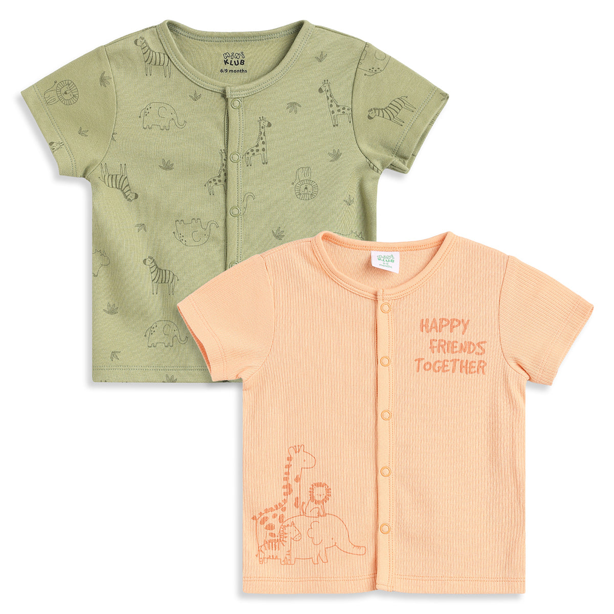 Baby Boys Green and Peach Cotton Front Open Half Sleeve Vest Pack of 2 Everyday Essentials
