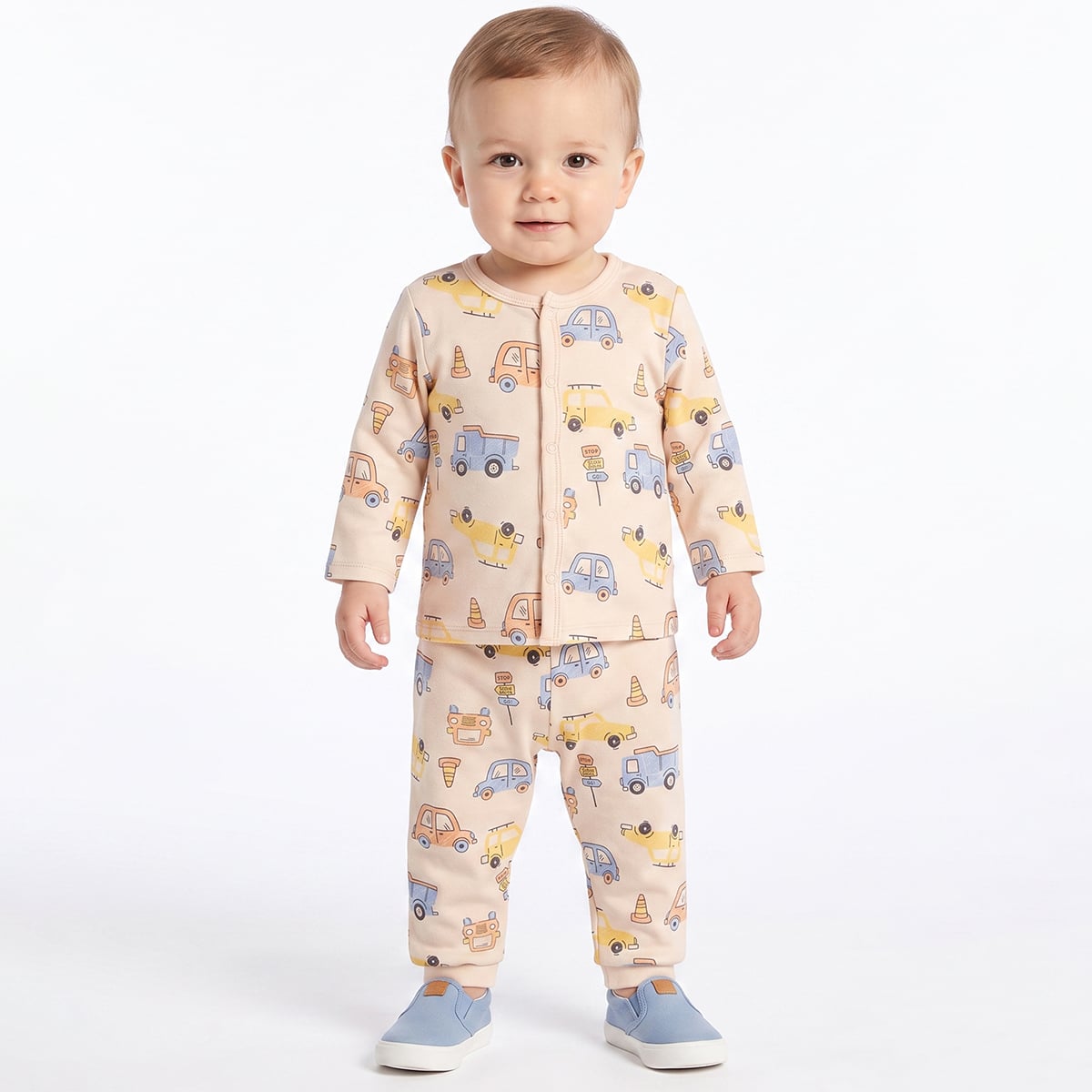 Baby Boys Peach And Beige Cotton Blend Vehicle Printed Front Open Vest Pack of 2 Regular Fit Casual Wear
