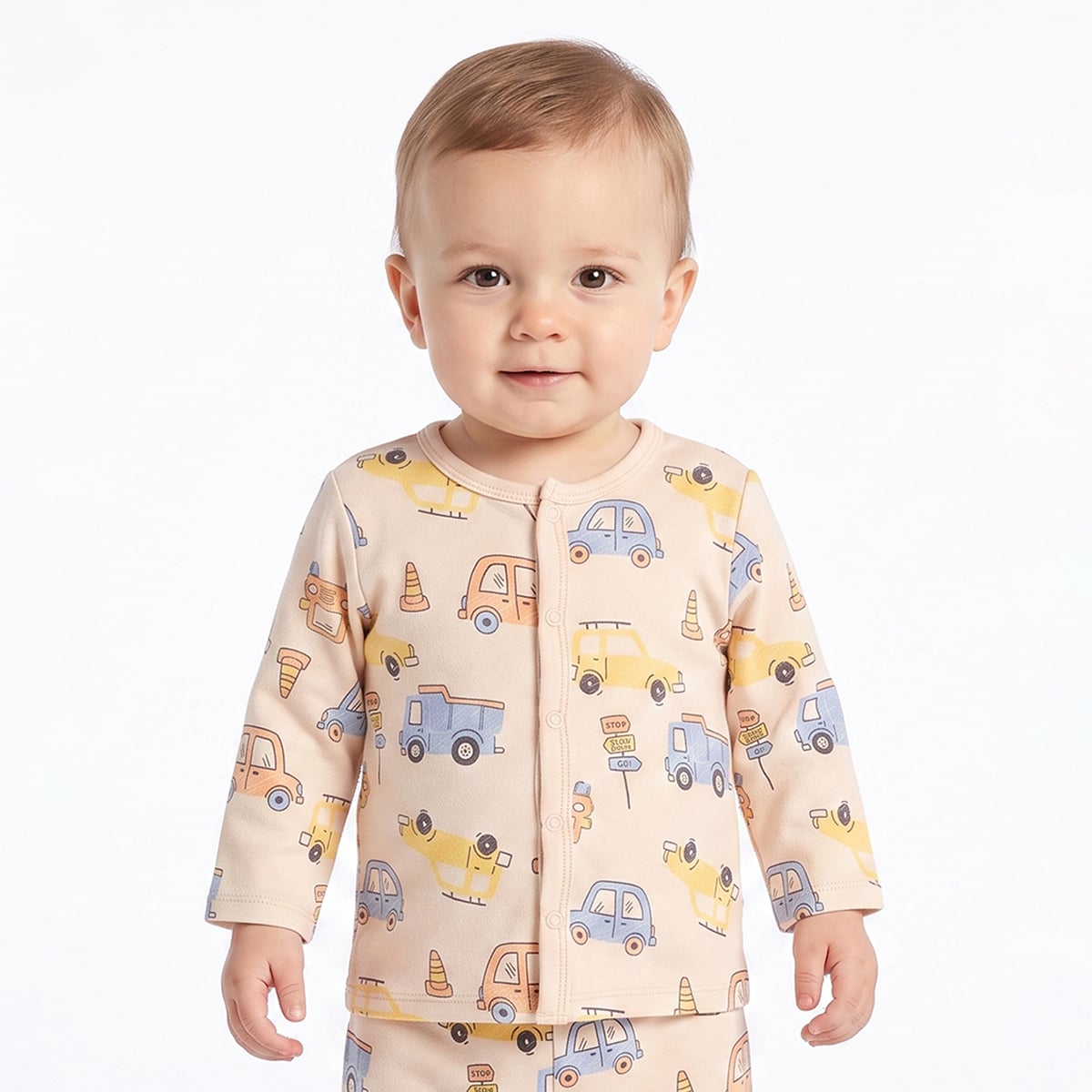 Baby Boys Peach And Beige Cotton Blend Vehicle Printed Front Open Vest Pack of 2 Regular Fit Casual Wear