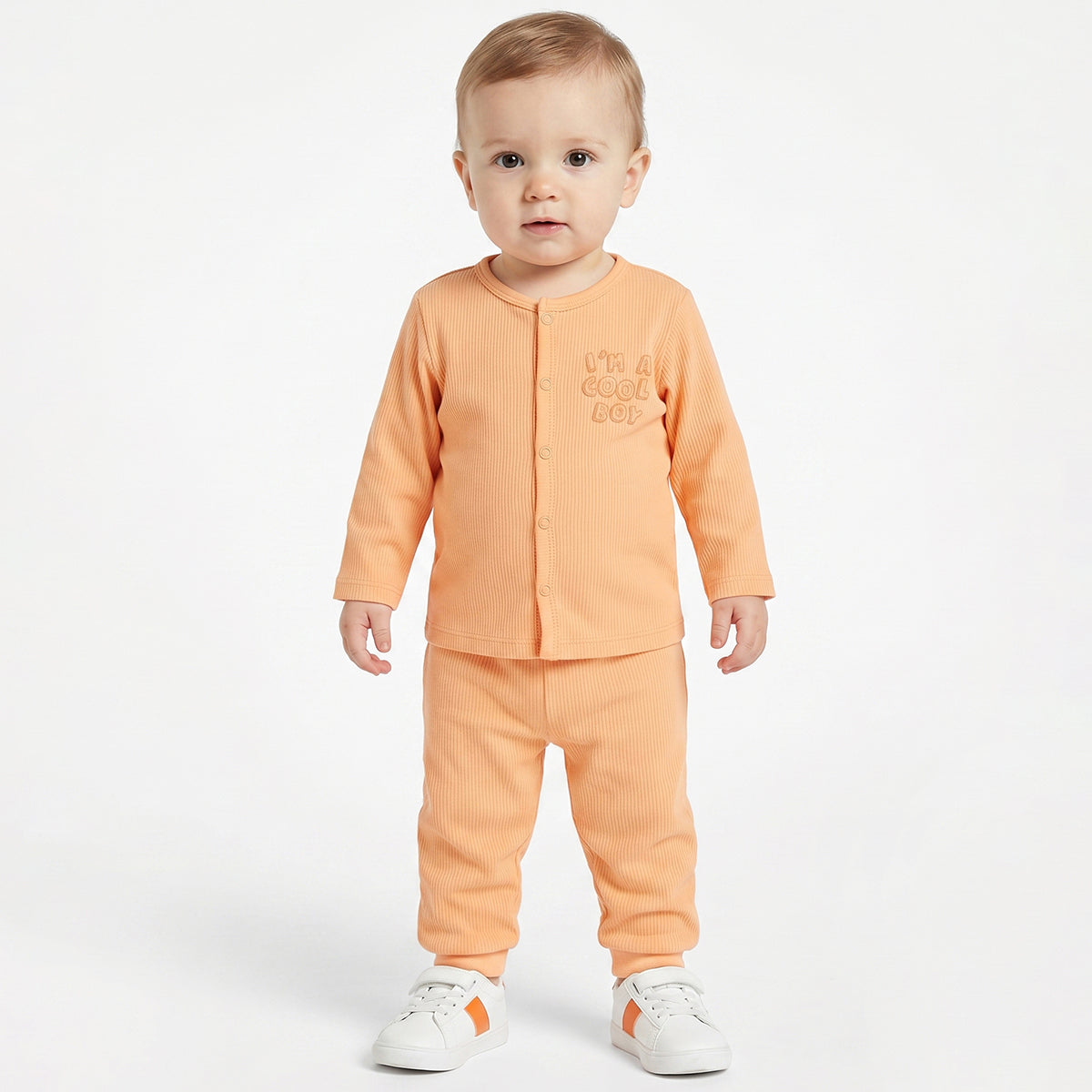 Baby Boys Peach and White Cotton Front Open Full Sleeve Vest Pack of 2 Everyday Essentials
