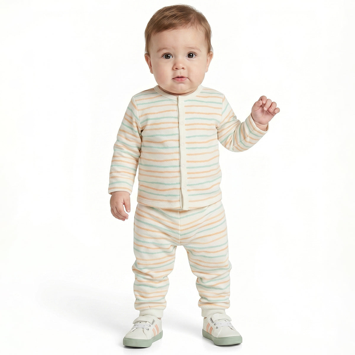 Baby Boys Peach and White Cotton Front Open Full Sleeve Vest Pack of 2 Everyday Essentials