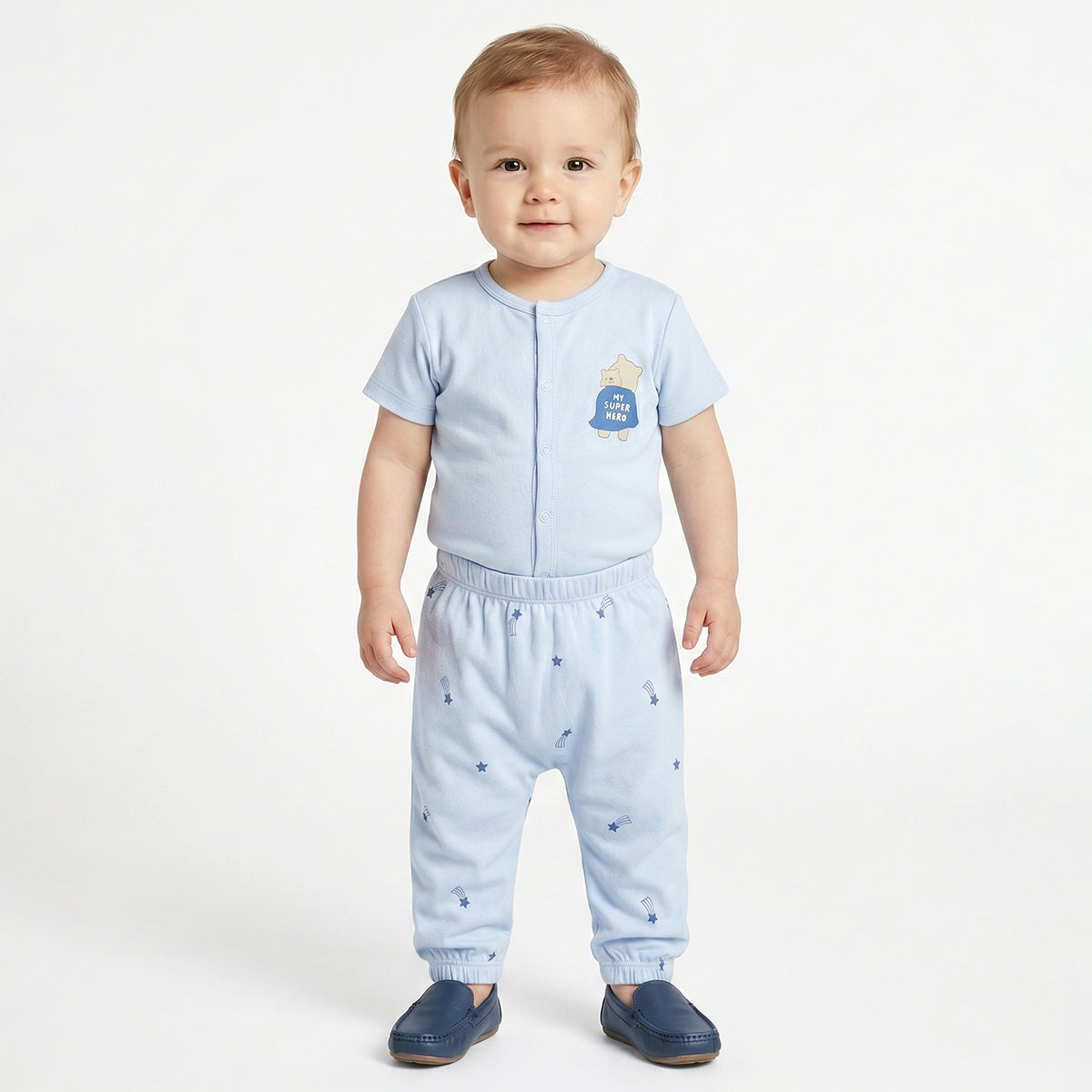Baby Boys Sky Blue and Blue Cotton Knit Bottom Pack of 2 Regular Fit Everyday Wear