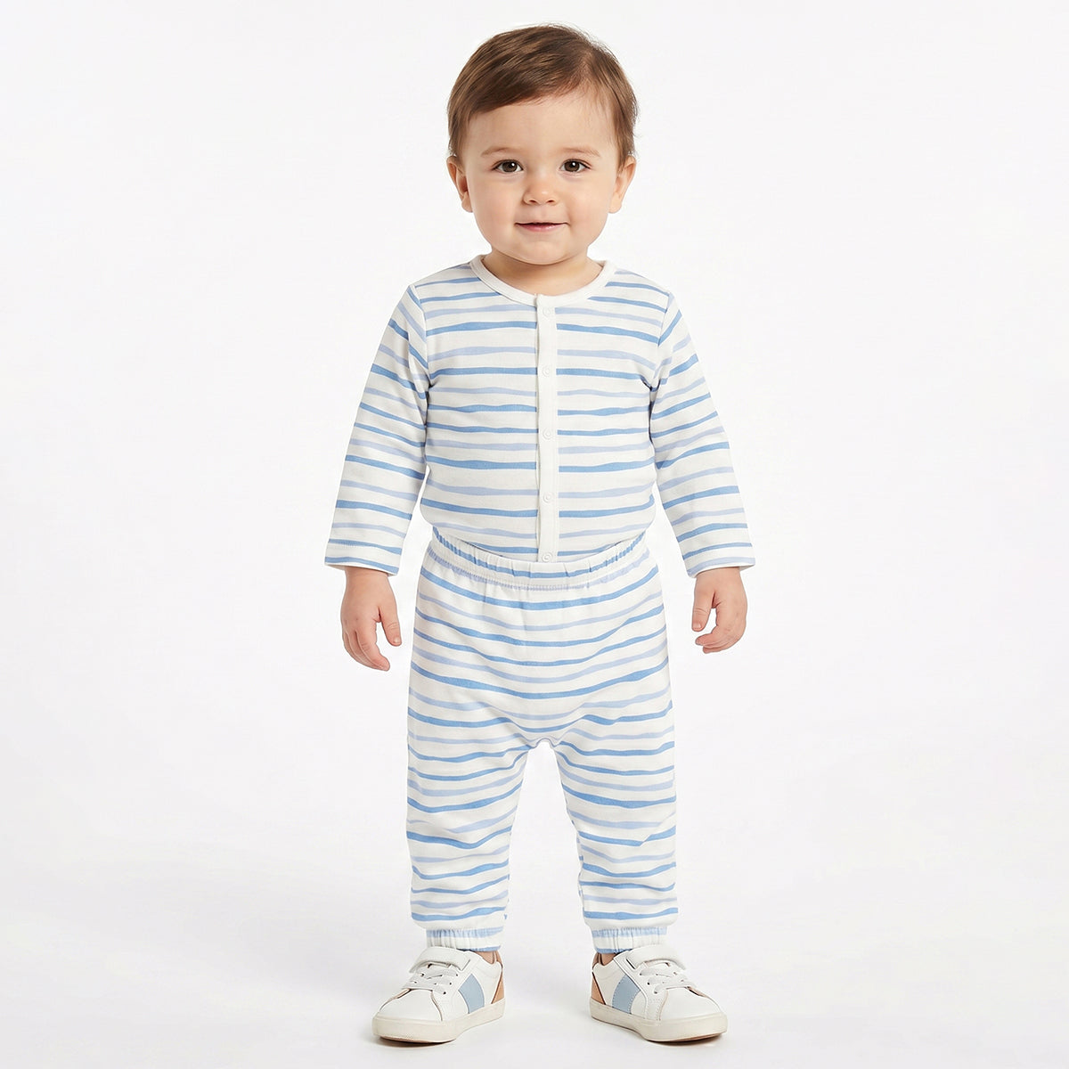 Baby Boys Blue and White Striped Cotton Knit Bottom Pack of 2 Regular Fit Everyday Wear