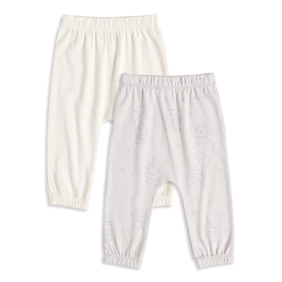 Baby Boys Off-White And Light Grey Cotton Lion Printed Knit Bottoms Pack Of 2 Regular Fit Casual Wear
