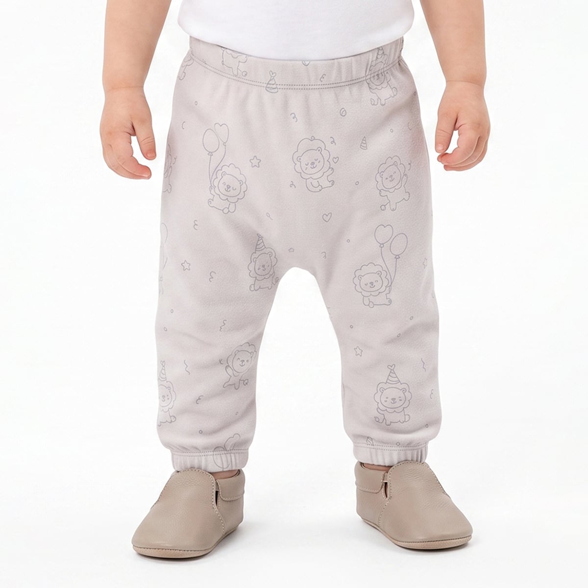 Baby Boys Off-White And Light Grey Cotton Lion Printed Knit Bottoms Pack Of 2 Regular Fit Casual Wear