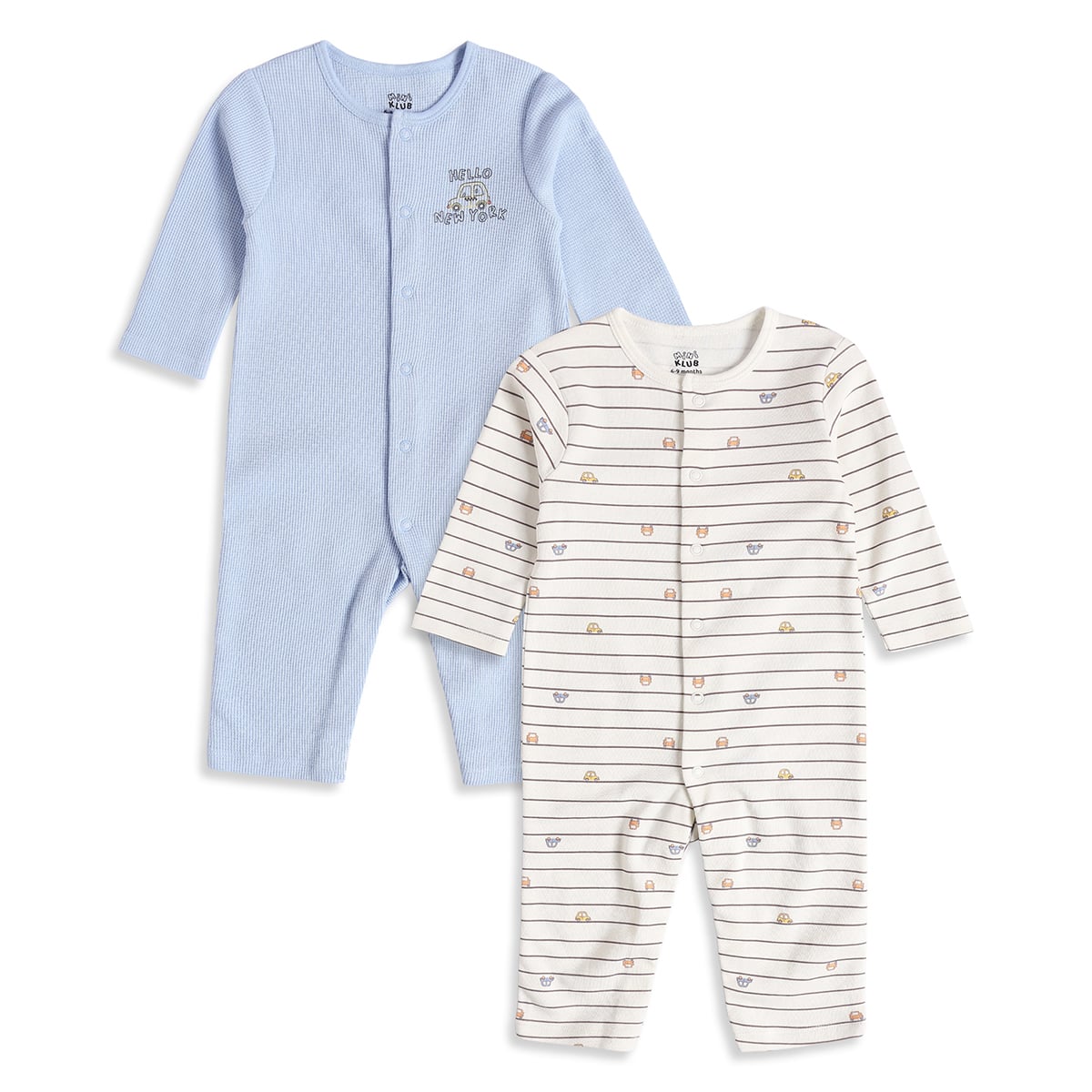 Baby Boys Light Blue And Off White Cotton Blend Vehicle Printed Rompers Pack of 2 Regular Fit Casual Wear