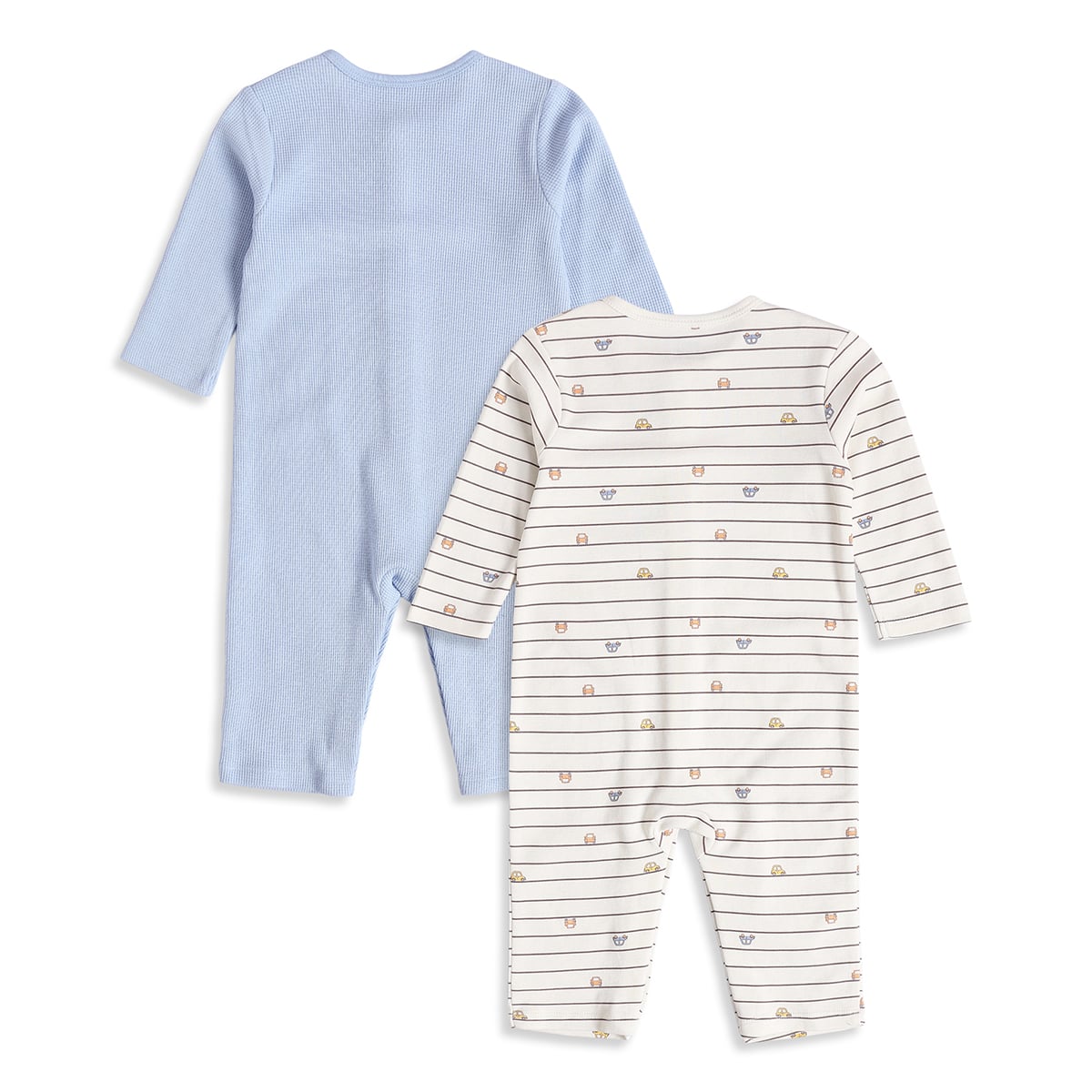 Baby Boys Light Blue And Off White Cotton Blend Vehicle Printed Rompers Pack of 2 Regular Fit Casual Wear