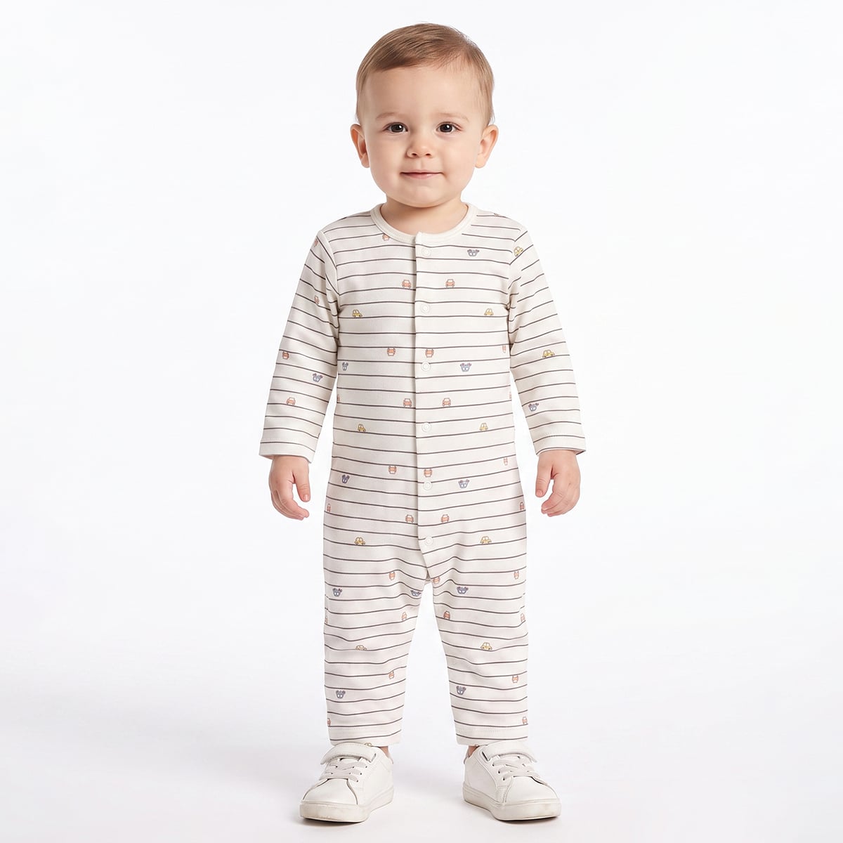 Baby Boys Light Blue And Off White Cotton Blend Vehicle Printed Rompers Pack of 2 Regular Fit Casual Wear