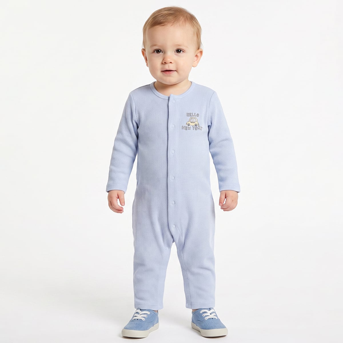 Baby Boys Light Blue And Off White Cotton Blend Vehicle Printed Rompers Pack of 2 Regular Fit Casual Wear