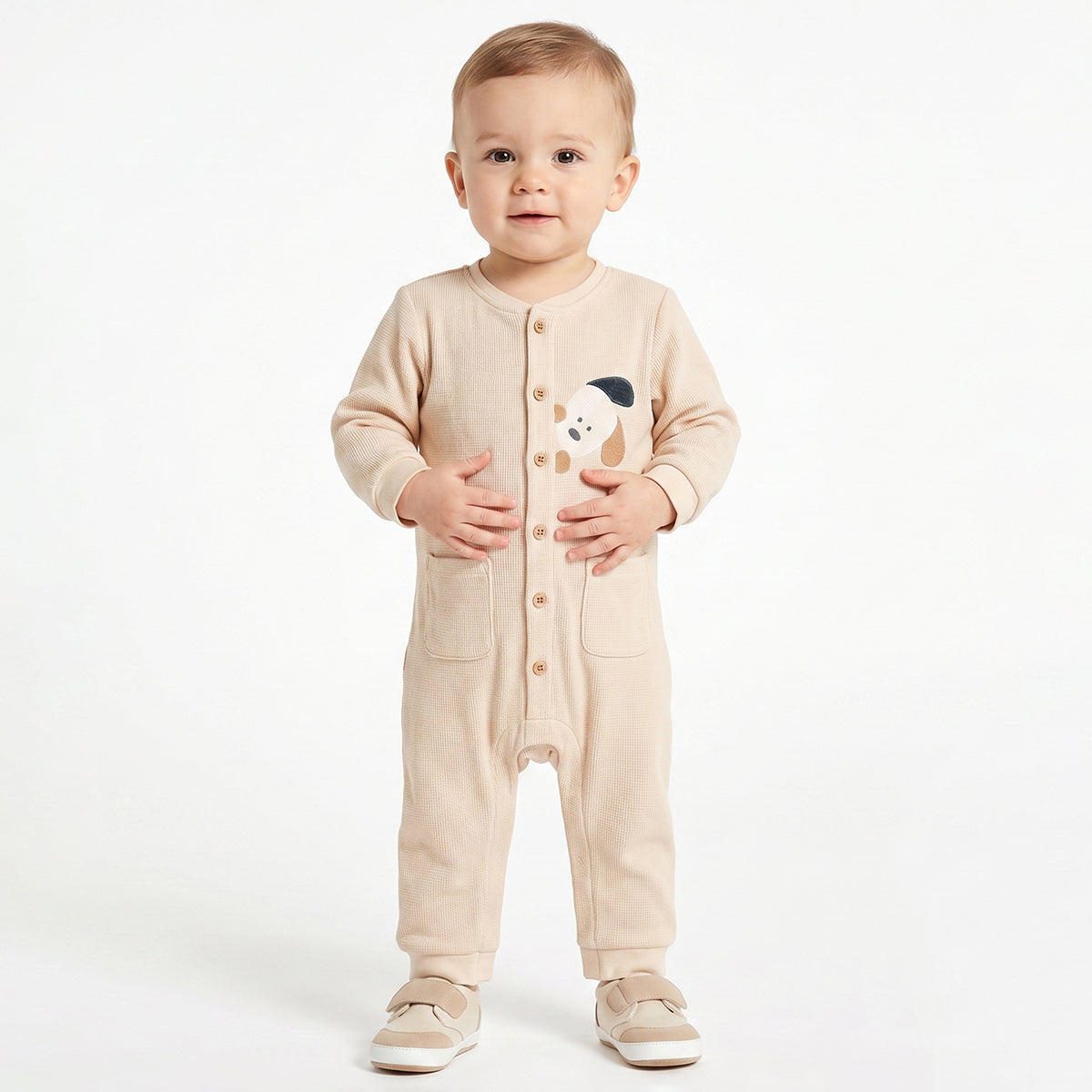 Baby Boys Beige Cotton Applique Romper Regular Fit Casual Baby Romper