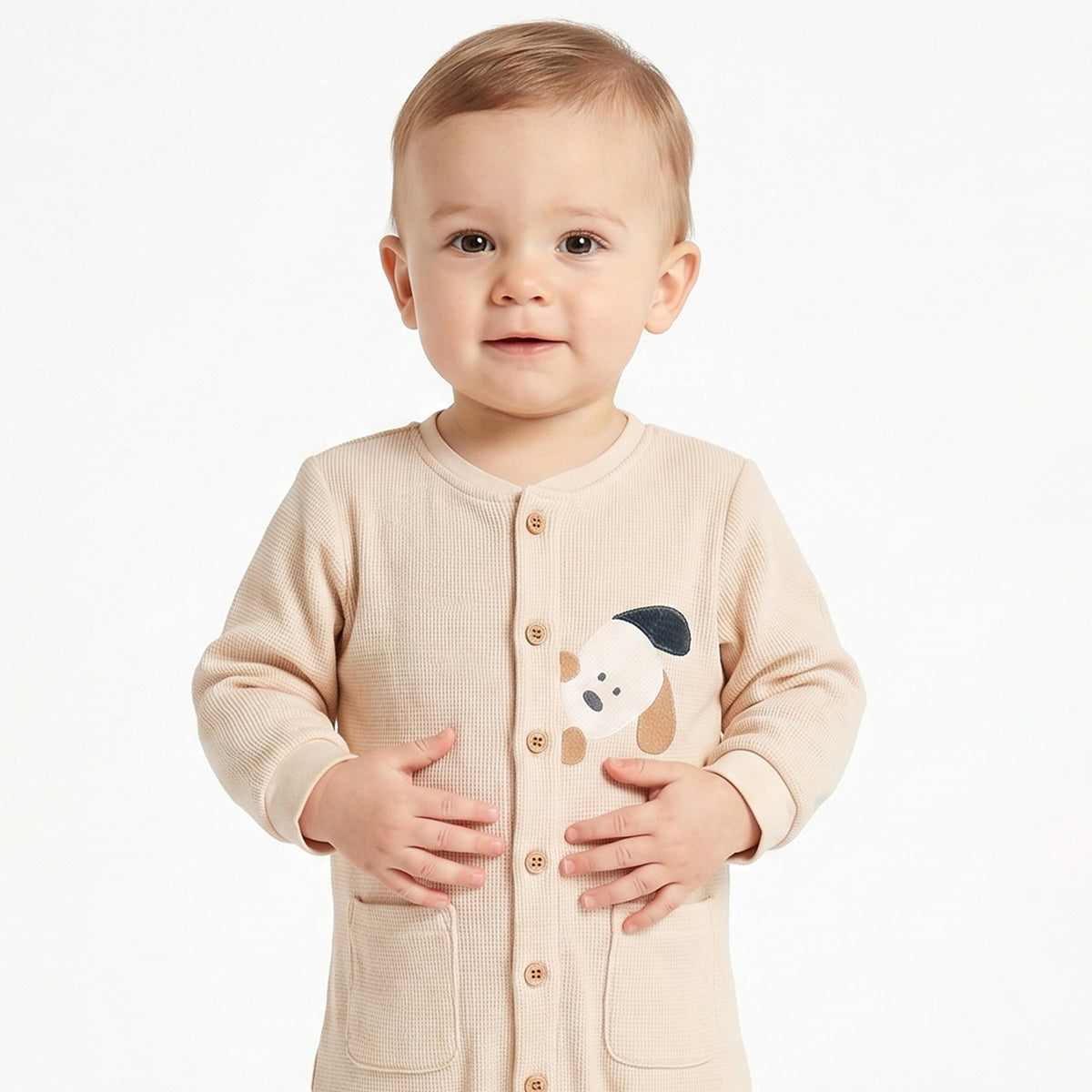 Baby Boys Beige Cotton Applique Romper Regular Fit Casual Baby Romper