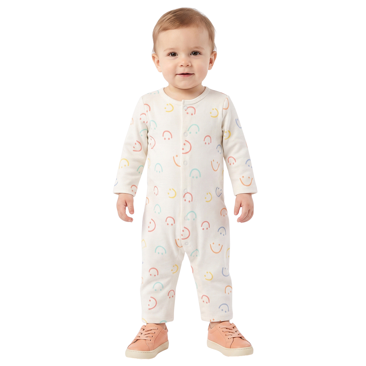 Baby Boys Orange and Off White Smiley Printed Rompers Pack of 2