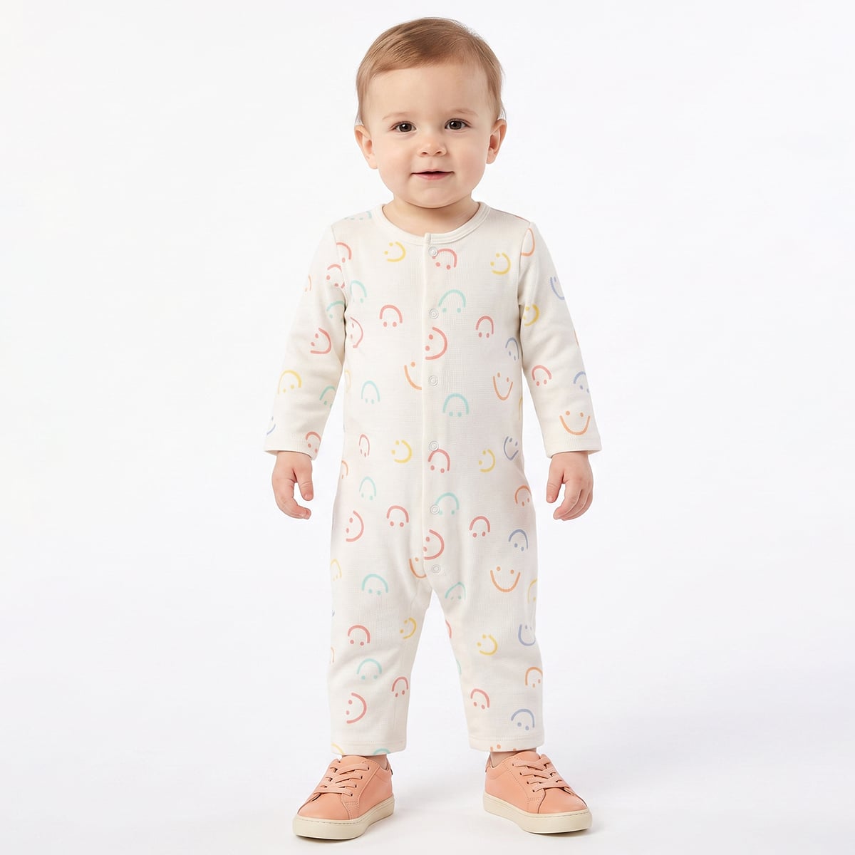 Baby Boys Orange And Off White Cotton Blend Smiley Printed Rompers Pack of 2 Regular Fit Casual Wear