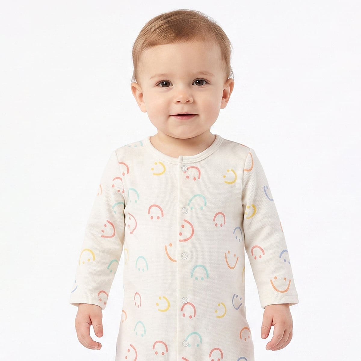 Baby Boys Orange And Off White Cotton Blend Smiley Printed Rompers Pack of 2 Regular Fit Casual Wear