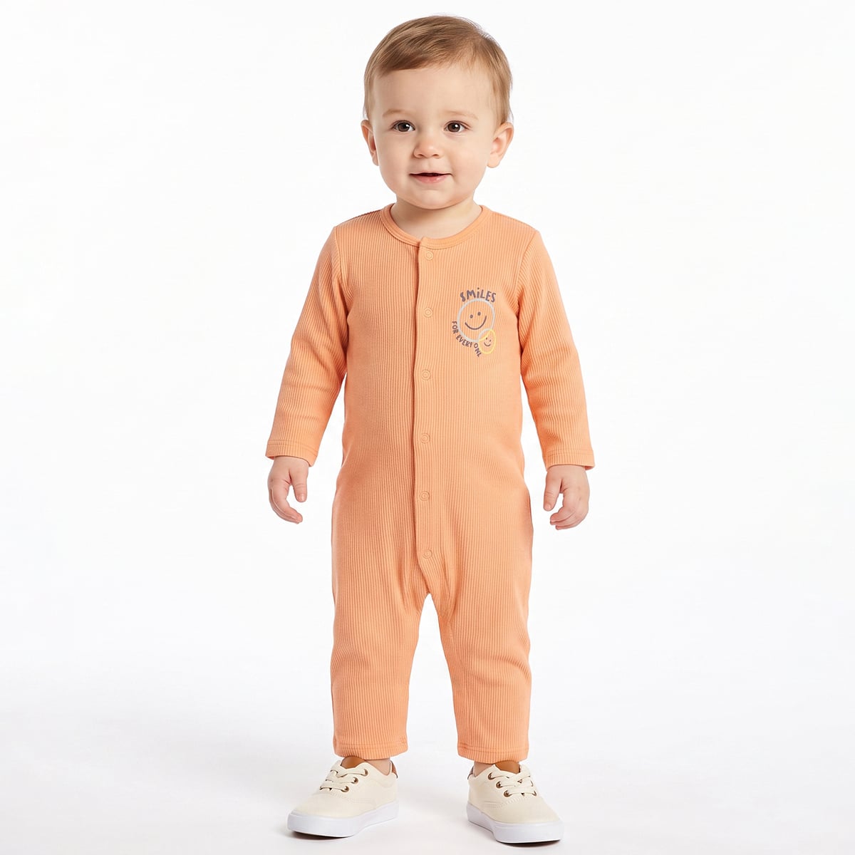 Baby Boys Orange And Off White Cotton Blend Smiley Printed Rompers Pack of 2 Regular Fit Casual Wear