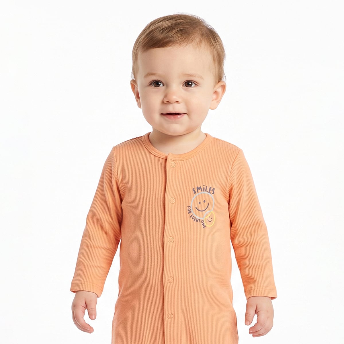 Baby Boys Orange And Off White Cotton Blend Smiley Printed Rompers Pack of 2 Regular Fit Casual Wear