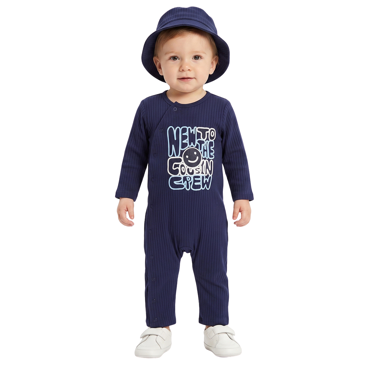Baby Boys Navy Blue Smiley Graphic Romper With Cap Pack of 1