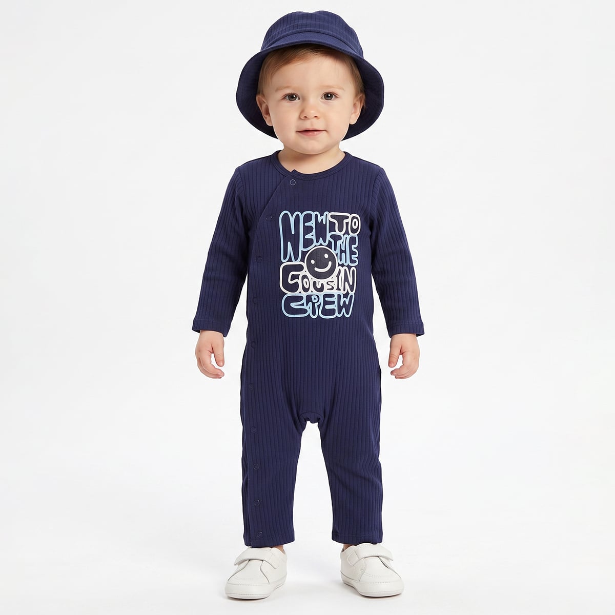Baby Boys Navy Blue Cotton Blend Smiley Graphic Romper With Cap Pack of 1 Regular Fit Casual Wear