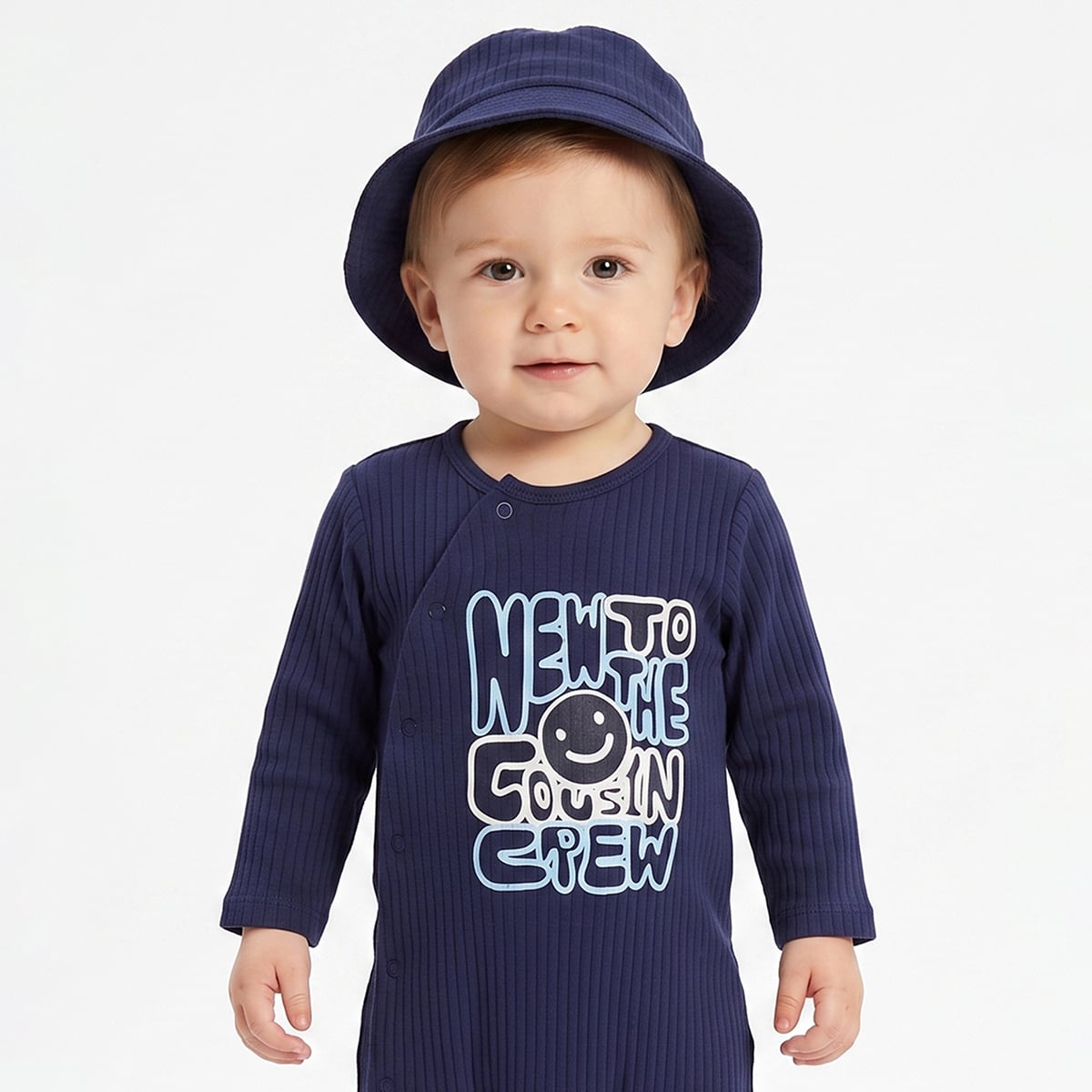 Baby Boys Navy Blue Cotton Blend Smiley Graphic Romper With Cap Pack of 1 Regular Fit Casual Wear