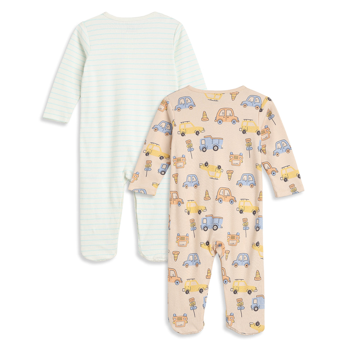 Baby Boys Mint Green and Beige Cotton Printed Sleepsuits Pack of 2 Regular Fit Casual Baby Sleepsuits