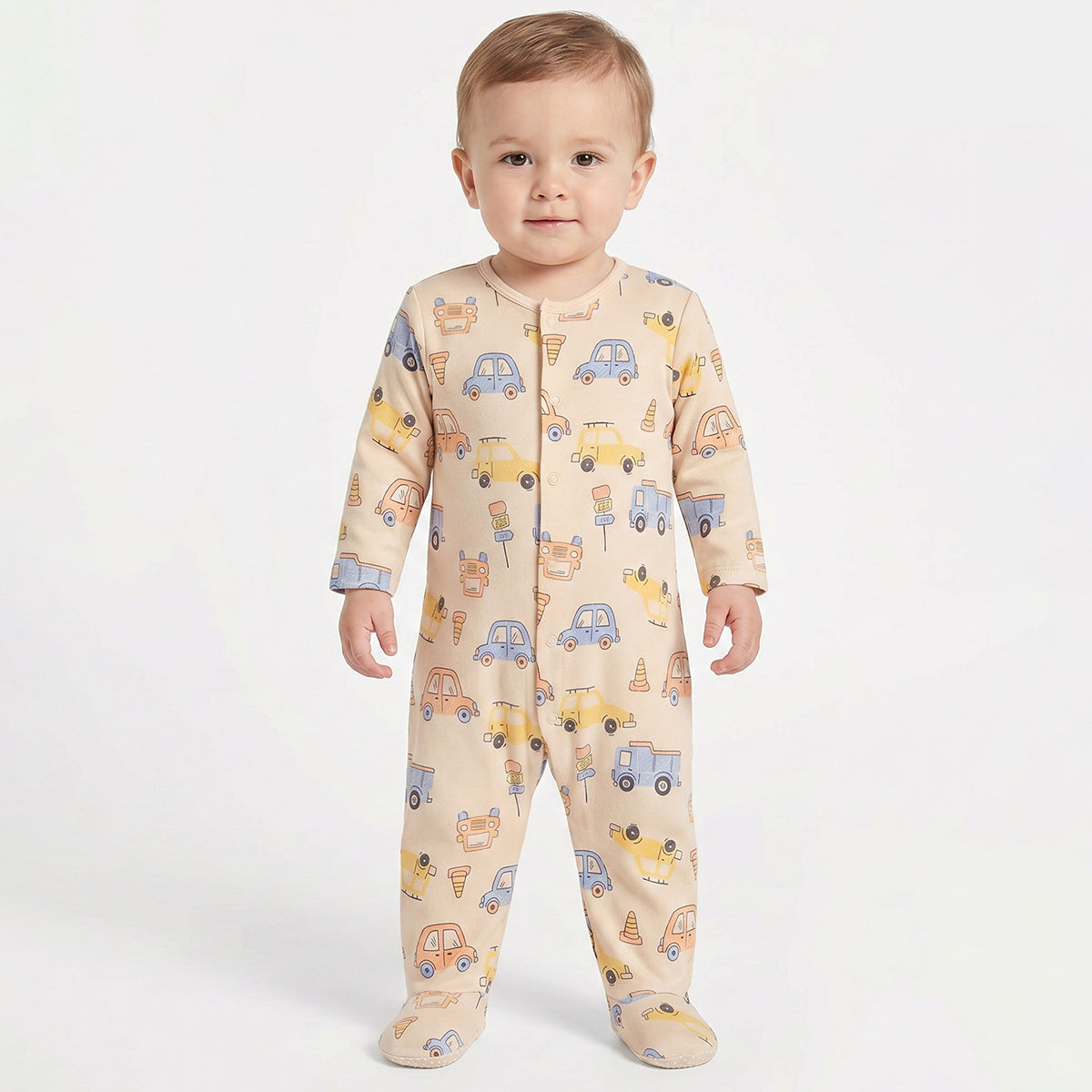 Baby Boys Mint Green and Beige Cotton Printed Sleepsuits Pack of 2 Regular Fit Casual Baby Sleepsuits
