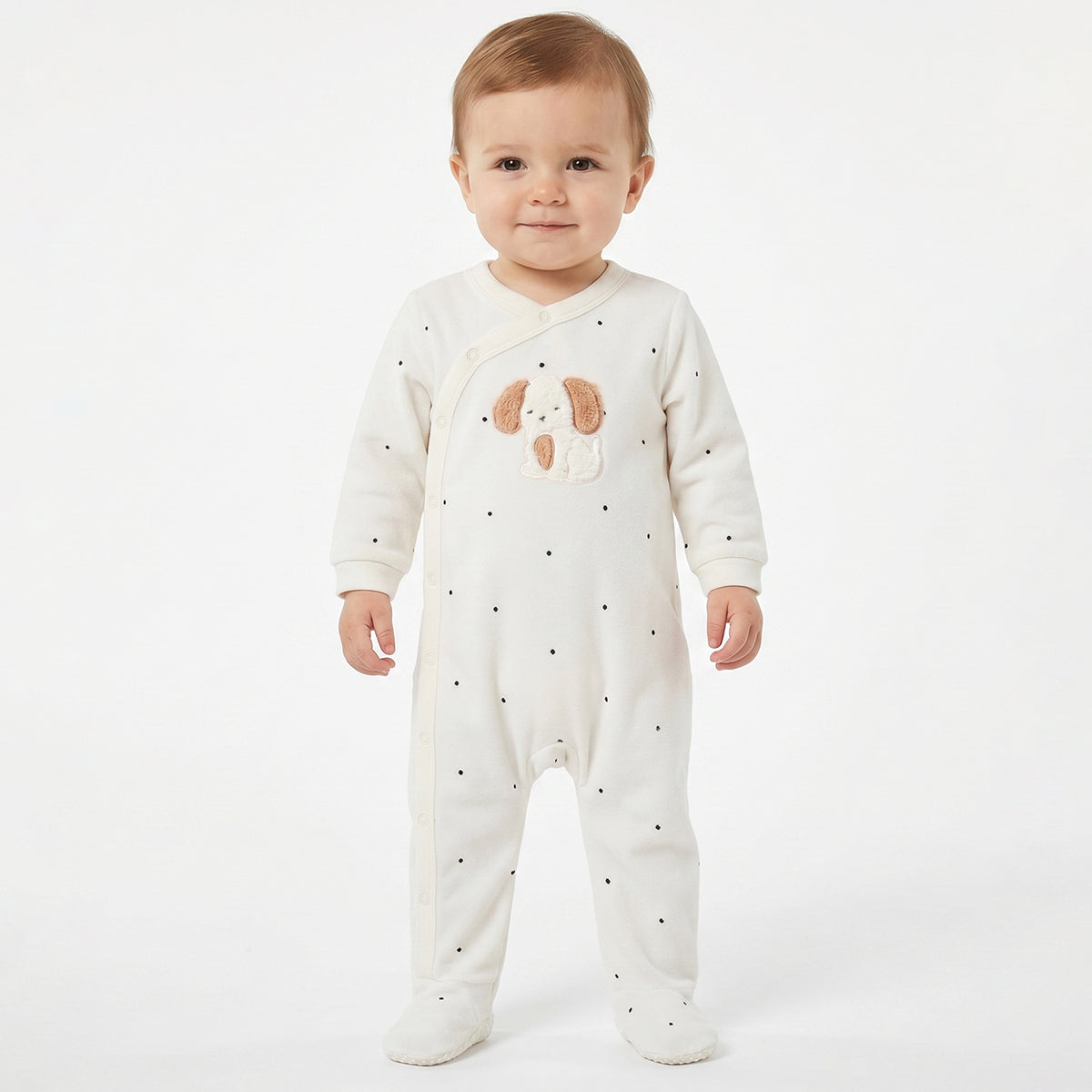 Baby Boys Off White Cotton Applique Printed Sleepsuit Regular Fit Casual Baby Sleepsuit