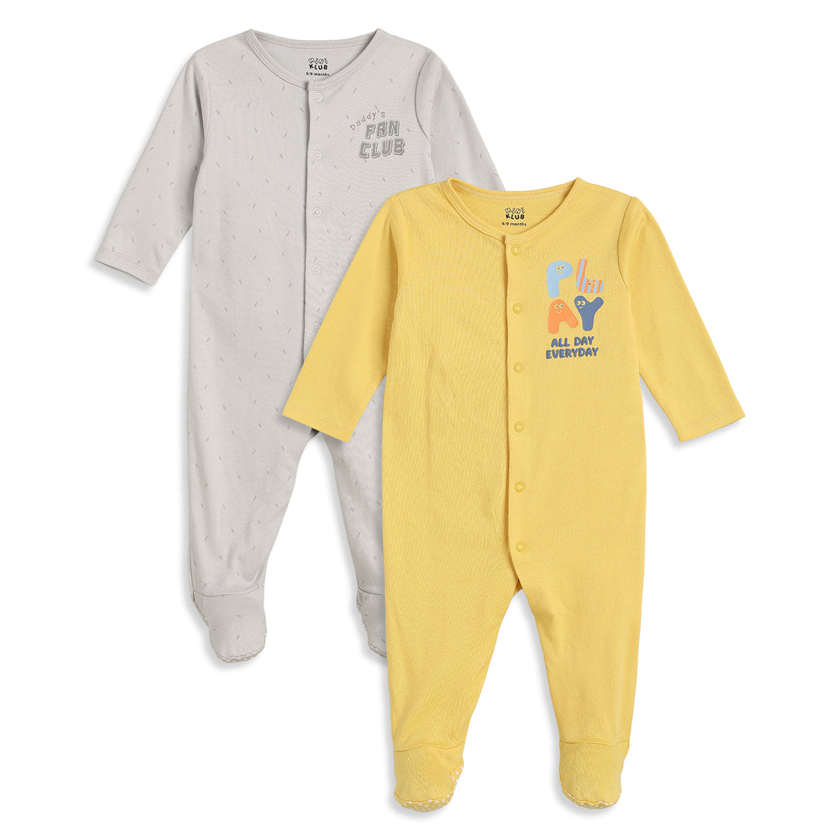 Baby Boys Grey and Yellow Cotton Printed Sleepsuits Pack of 2 Regular Fit Casual Baby Sleepsuits