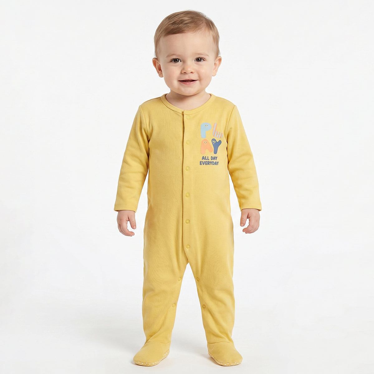 Baby Boys Grey and Yellow Cotton Printed Sleepsuits Pack of 2 Regular Fit Casual Baby Sleepsuits