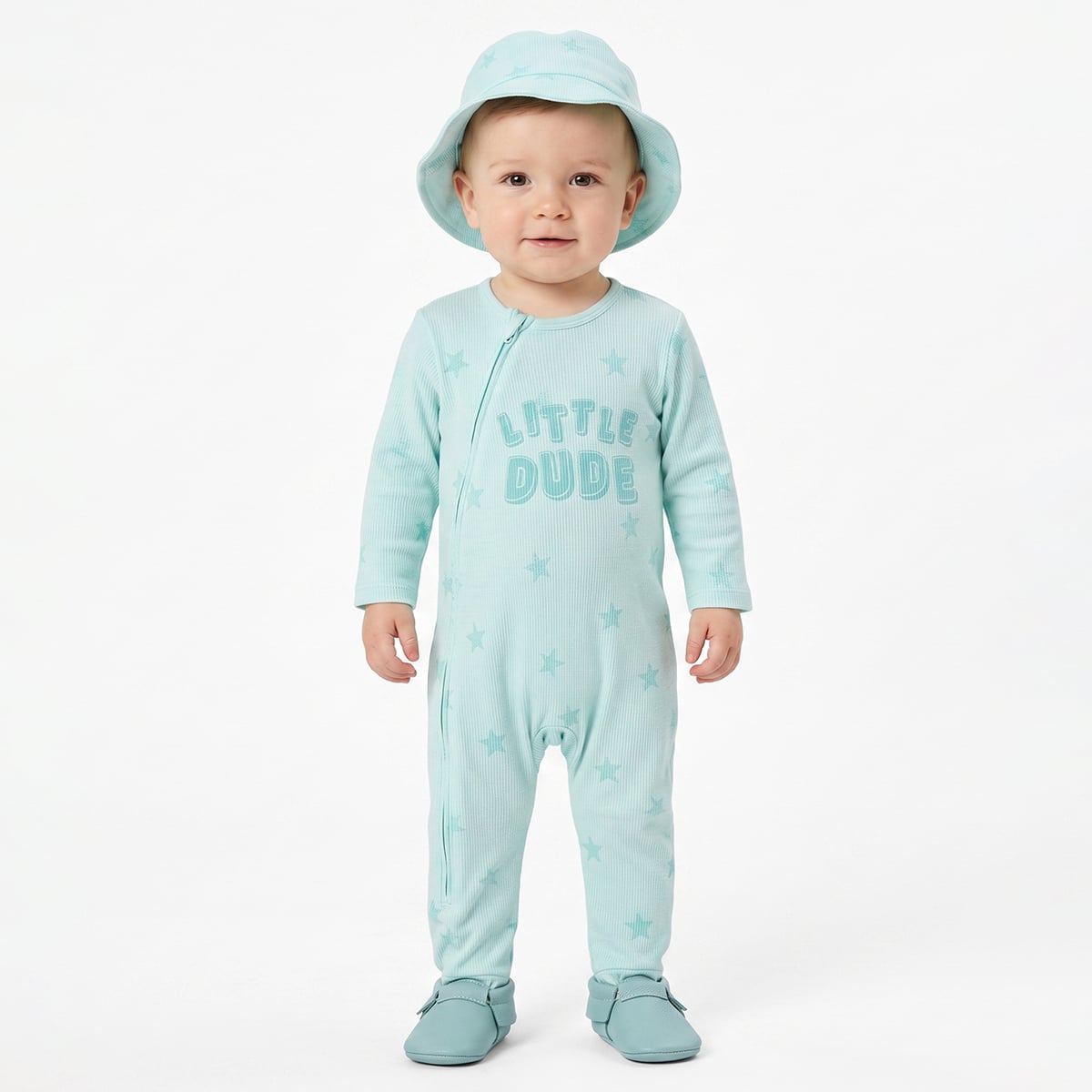 Baby Boys Mint Green Cotton Blend Star Printed Sleepsuit With Cap Pack of 1 Regular Fit Casual Wear