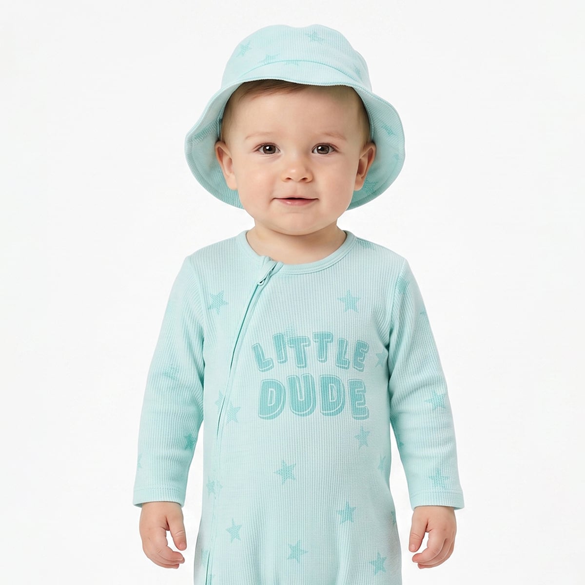 Baby Boys Mint Green Cotton Blend Star Printed Sleepsuit With Cap Pack of 1 Regular Fit Casual Wear
