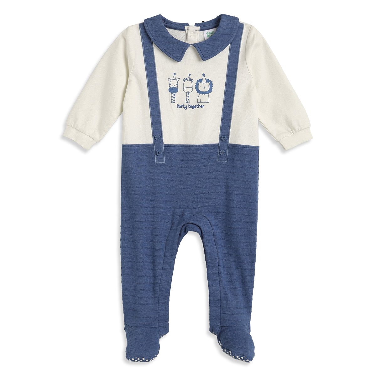 Baby Boys Blue and Off White Cotton Printed Collared Sleepsuit Regular Fit Casual Baby Sleepsuit