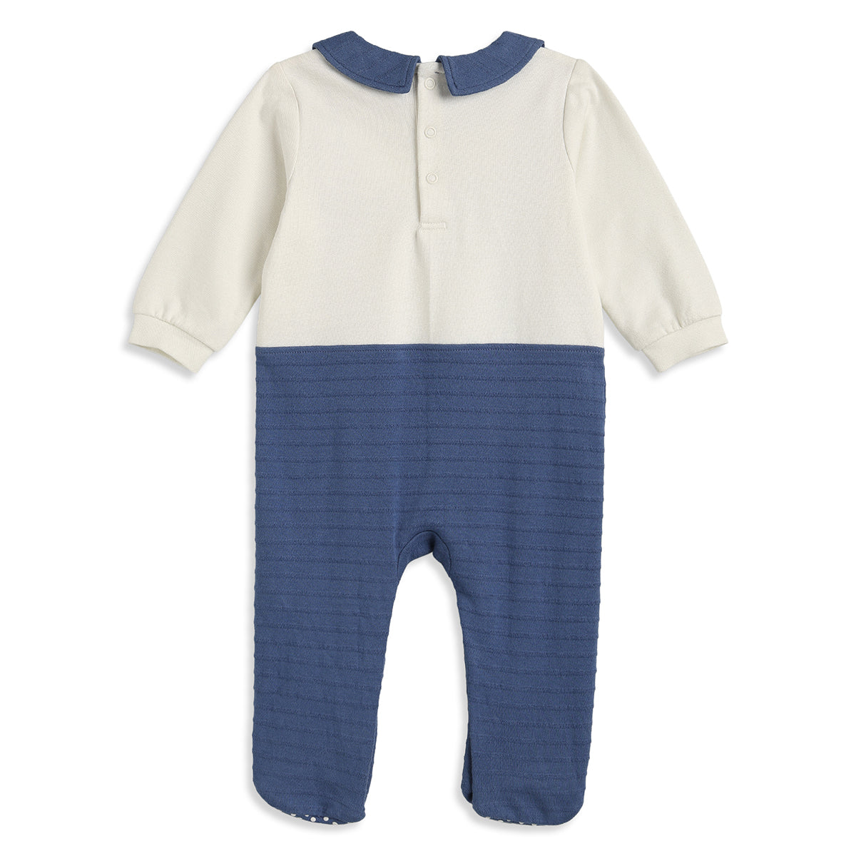 Baby Boys Blue and Off White Cotton Printed Collared Sleepsuit Regular Fit Casual Baby Sleepsuit