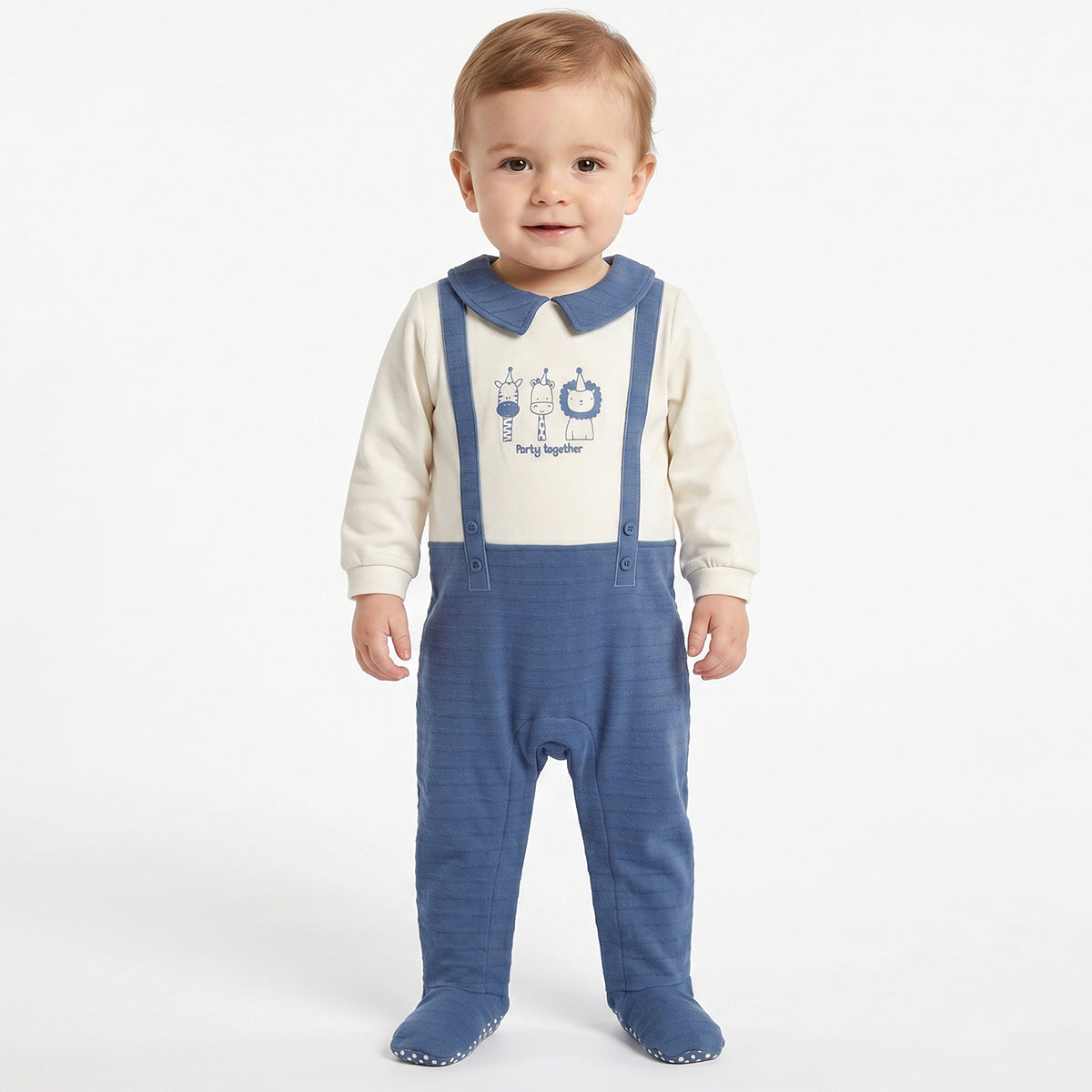 Baby Boys Blue and Off White Cotton Printed Collared Sleepsuit Regular Fit Casual Baby Sleepsuit