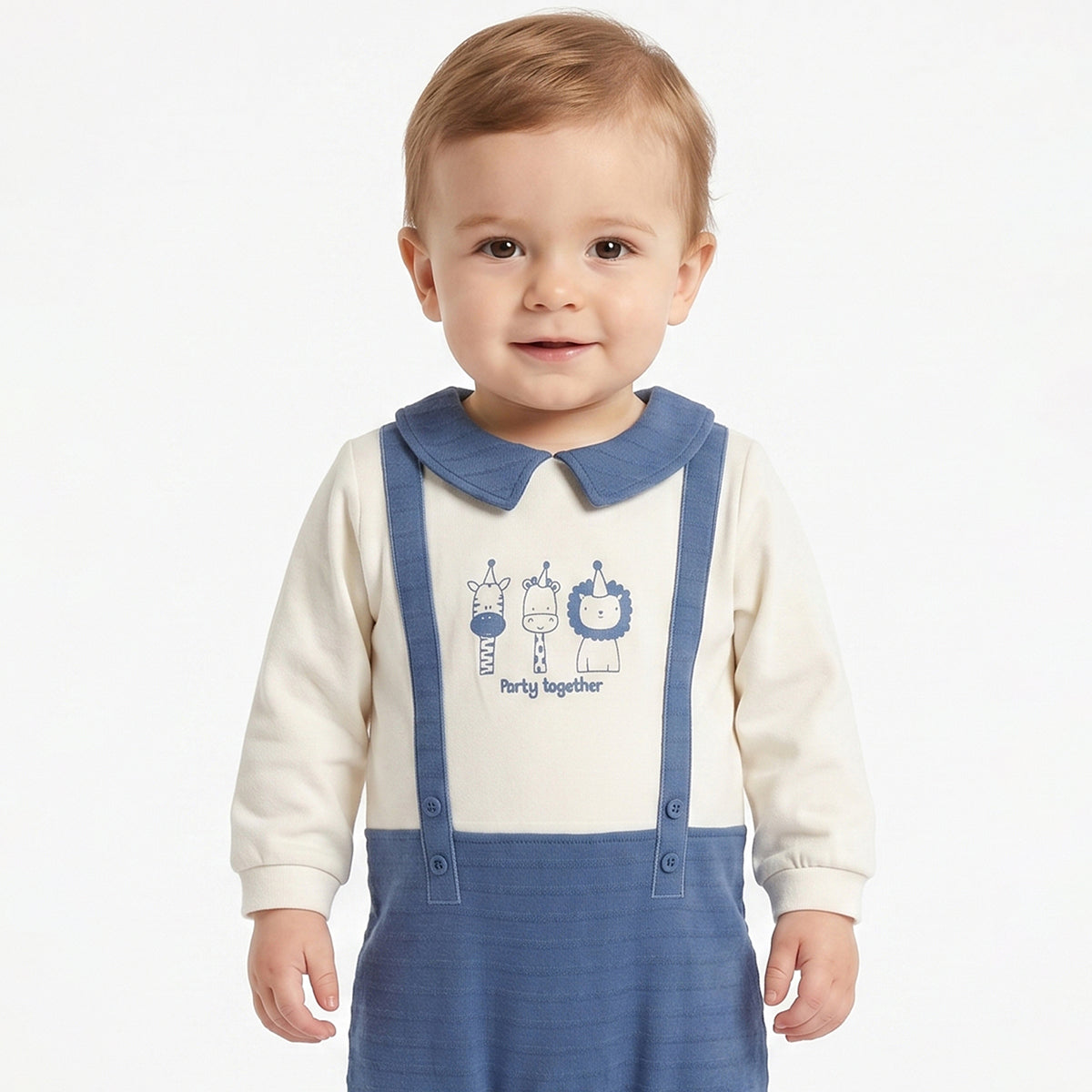 Baby Boys Blue and Off White Cotton Printed Collared Sleepsuit Regular Fit Casual Baby Sleepsuit