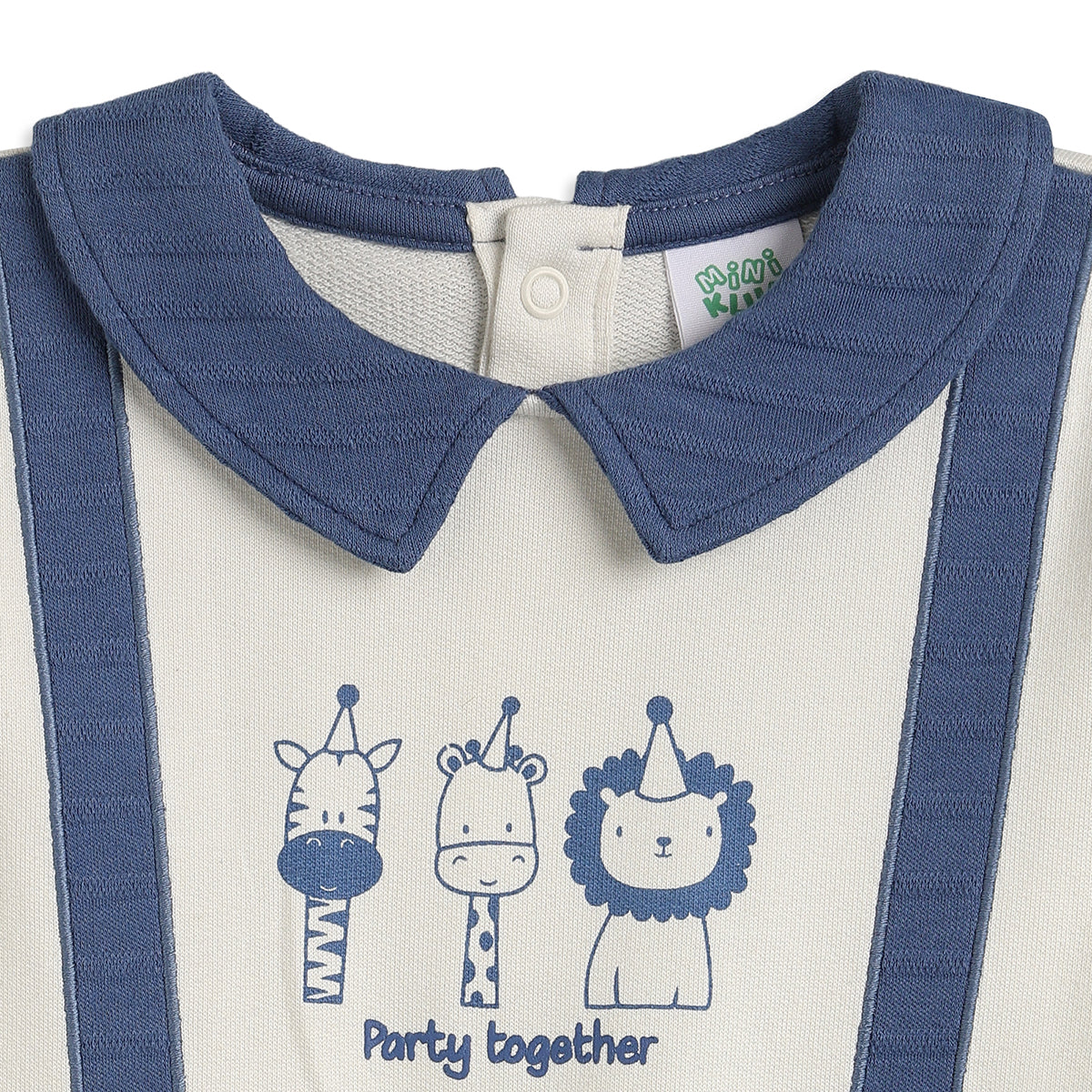 Baby Boys Blue and Off White Cotton Printed Collared Sleepsuit Regular Fit Casual Baby Sleepsuit
