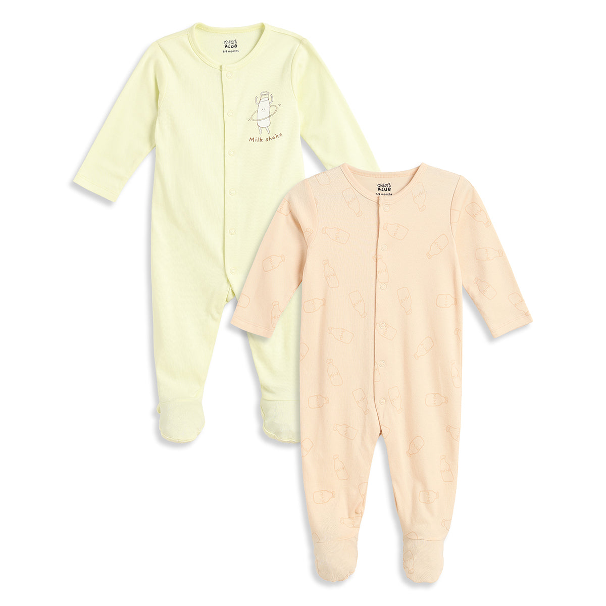 Baby Boys Light Yellow and Peach Cotton Printed Sleepsuits Pack of 2 Regular Fit Casual Baby Sleepsuits