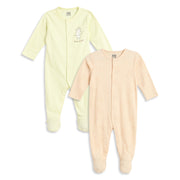 Baby Boys Light Yellow and Peach Cotton Printed Sleepsuits Pack of 2 Regular Fit Casual Baby Sleepsuits