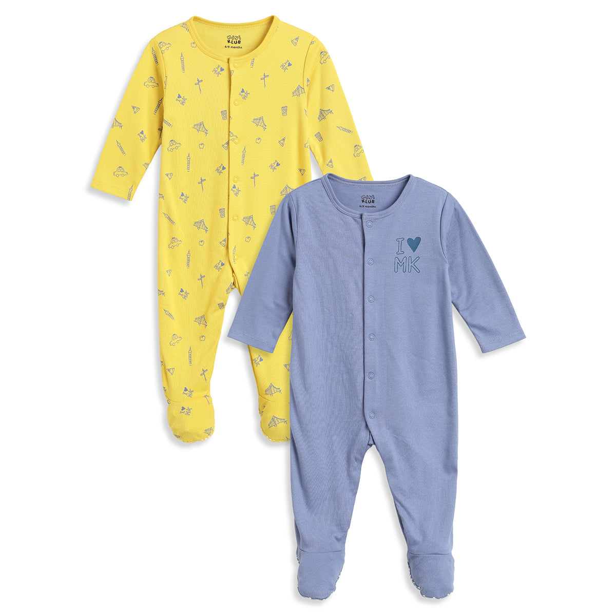 Baby Boys Yellow and Blue Cotton Printed Sleepsuits Pack of 2 Regular Fit Casual Baby Sleepsuits